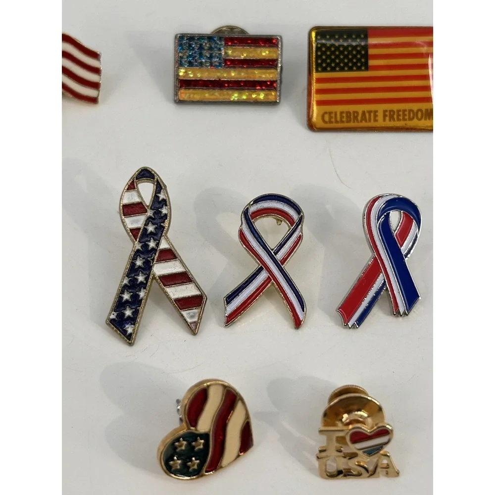 Vintage Patriotic Enamel Lapel Pin Lot Of 9 Pins American Flag Red White Blue